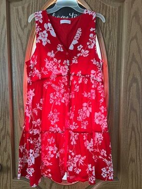 LC Lauren Conrad Red and White Floral Tiered V-Neck Sundress